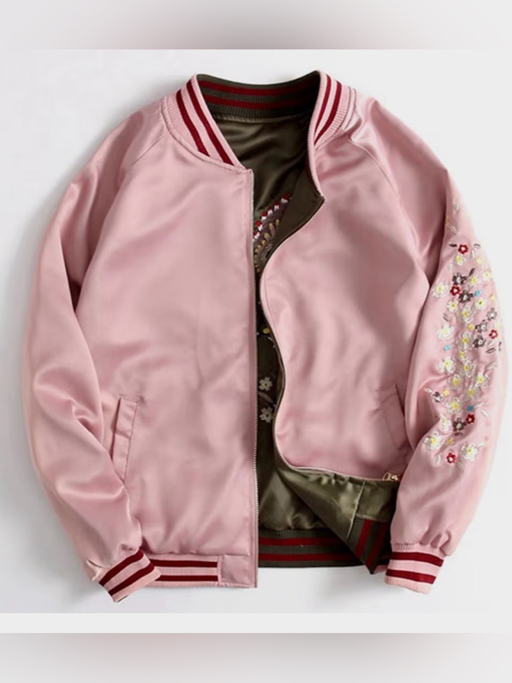 BRAND NEW!  Reversible Pink/army green embroidered sateen cropped bomber.